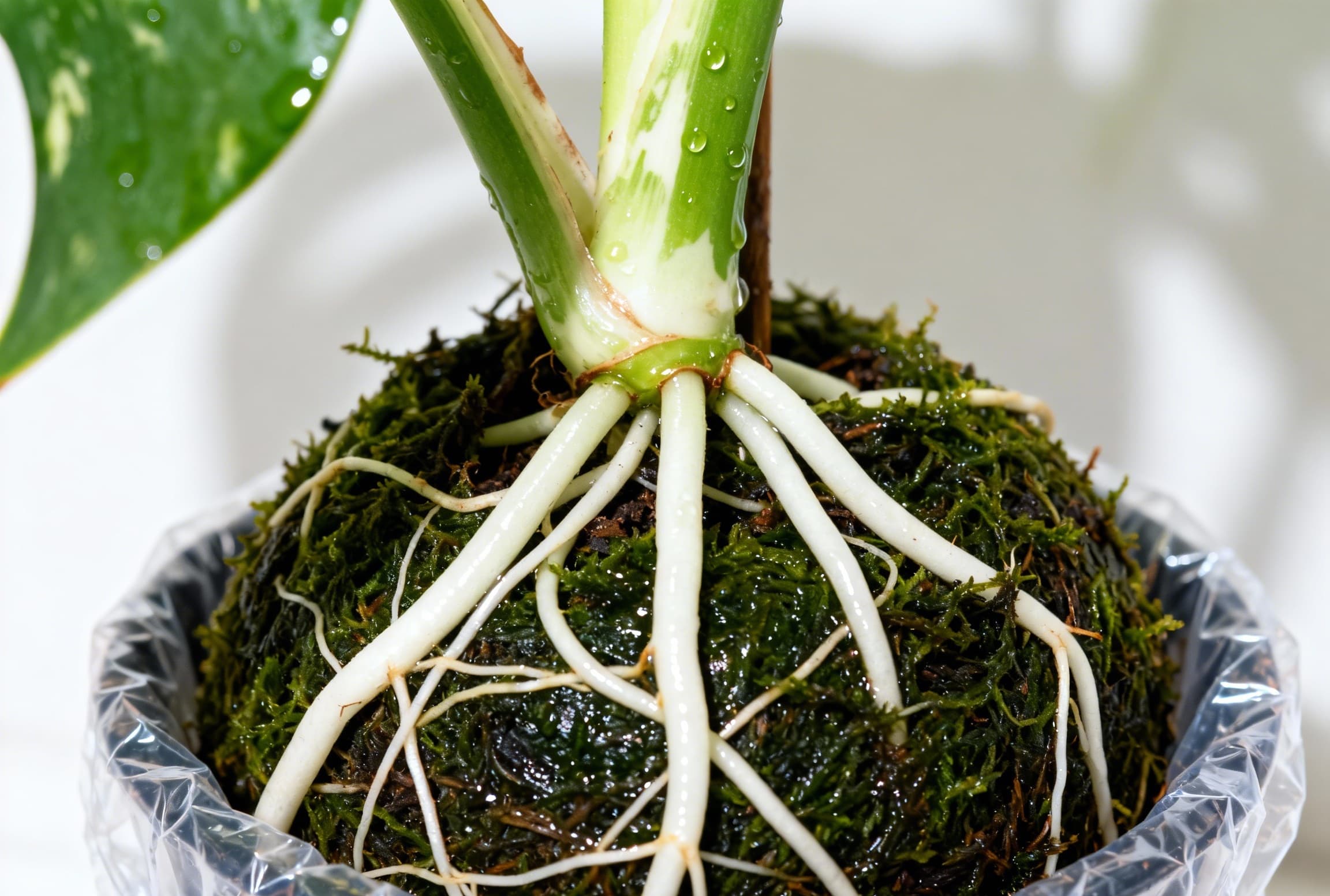 Air layering with mature aerial roots in moss